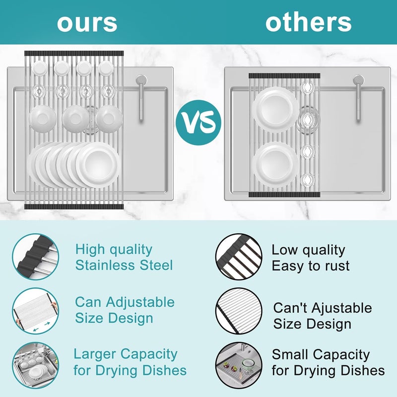 BBXTYLY Extra Large Expandable Roll Up Dish Drying Rack,Over The Sink Drying Rack Sink Cover Kitchen Sink Accessories Kitchen Rolling up Stainless Steel Drainer, Foldable,Rollable（Black，22.8''-17''） - Image 4